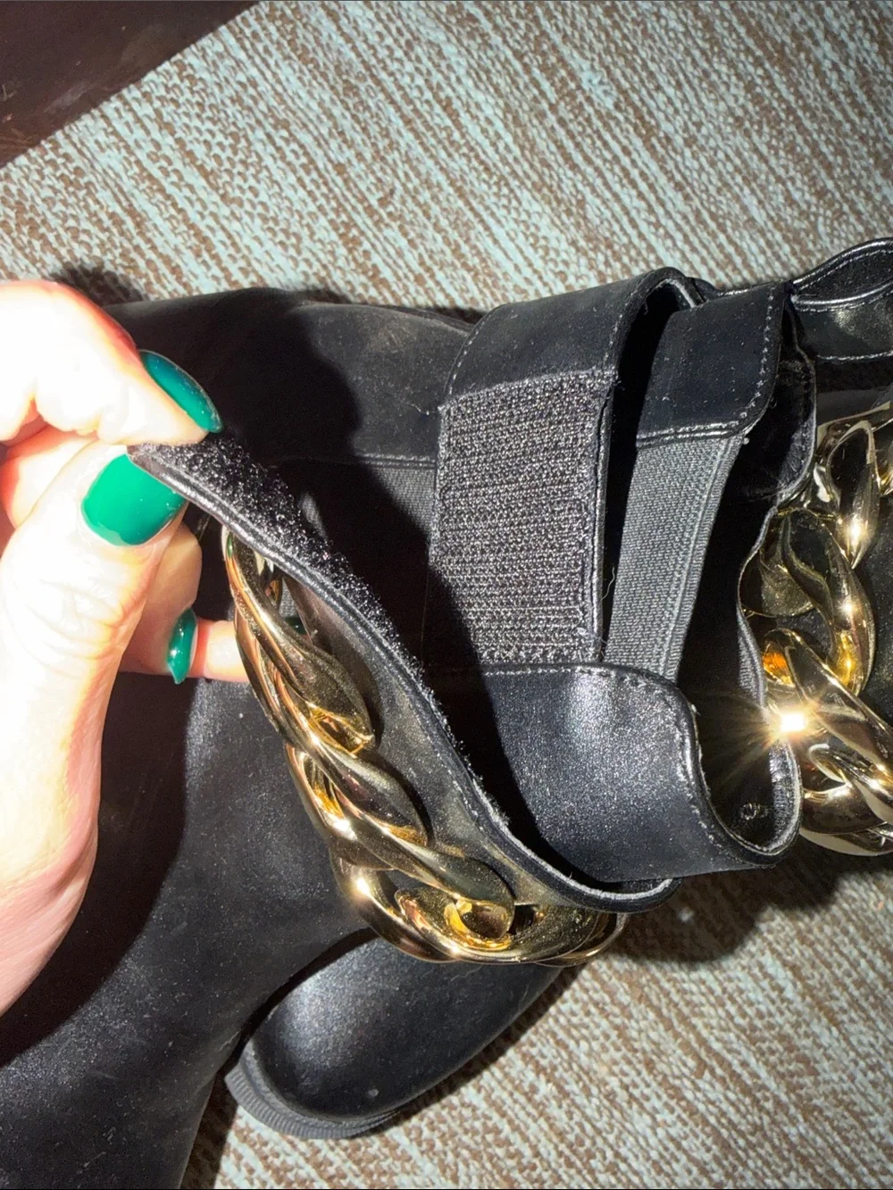 Cape Robbin Black Ankle Boots with Gold Chain Trim